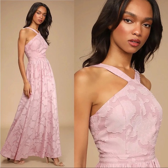 Mauve Pink Halter Floral Chiffon Burnout Jacquard Dress 🌿 - Picture 4 of 10